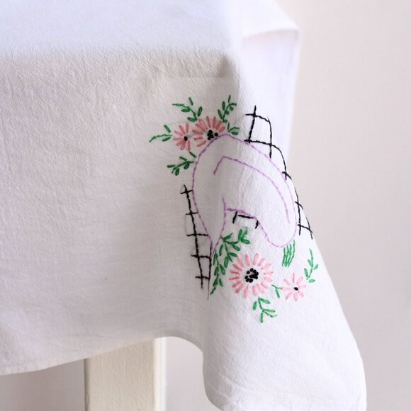 Vintage 1950s Tablecloth, Embroidered Eggplant, Or Kitchen Towel - Picture 9 of 10